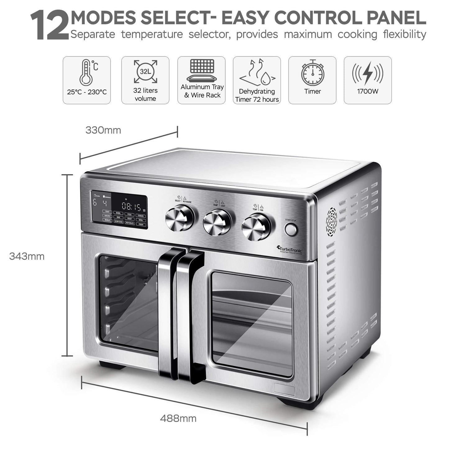 TurboTronic AFD32 Airfryer XXL and Oven - Double Door - 32 Liter - Silver