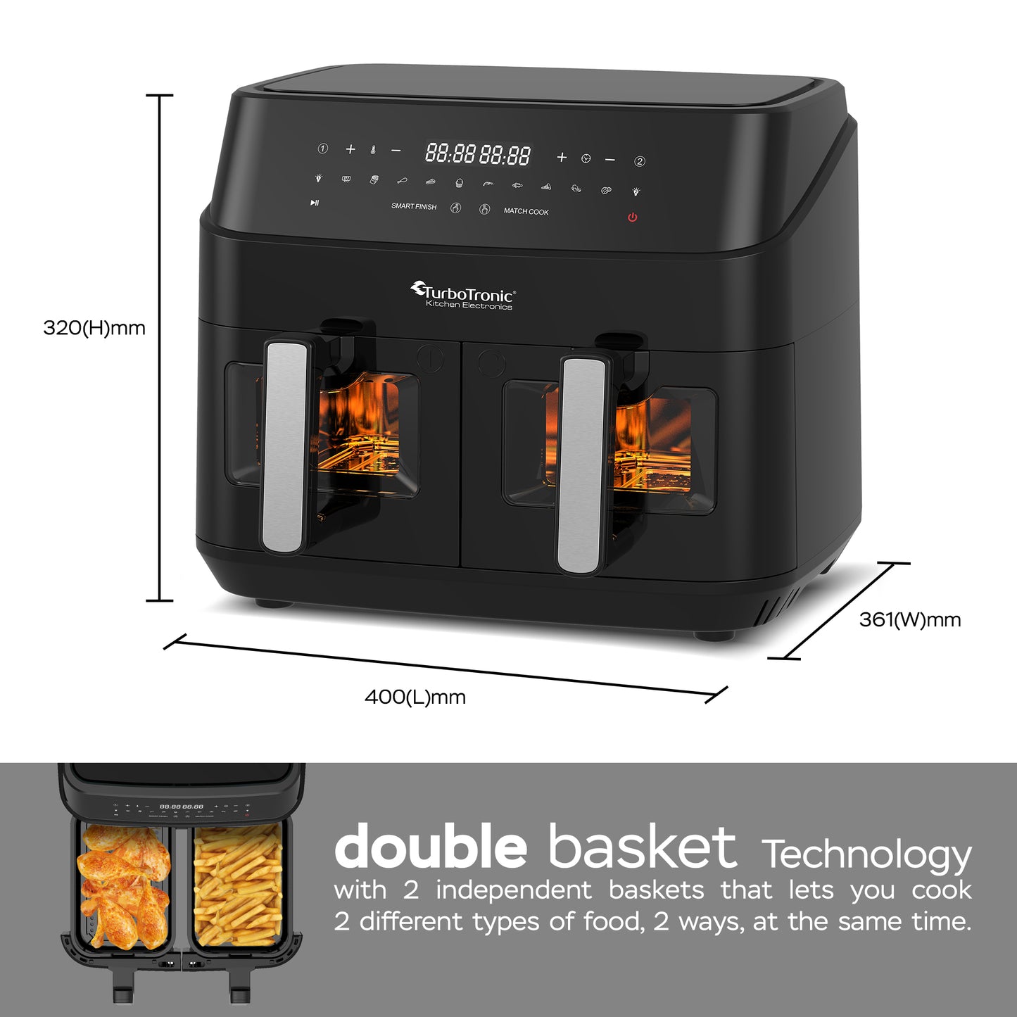 TurboTronic DAF6W Double Airfryer XXL med fönster - 9 Liters - Svart