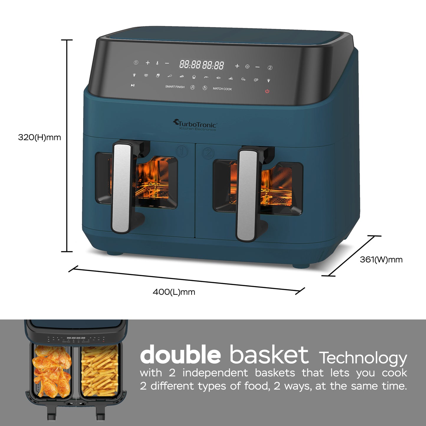 TurboTronic DAF6W Double Airfryer XXL med fönster - 9 Liters - Blå