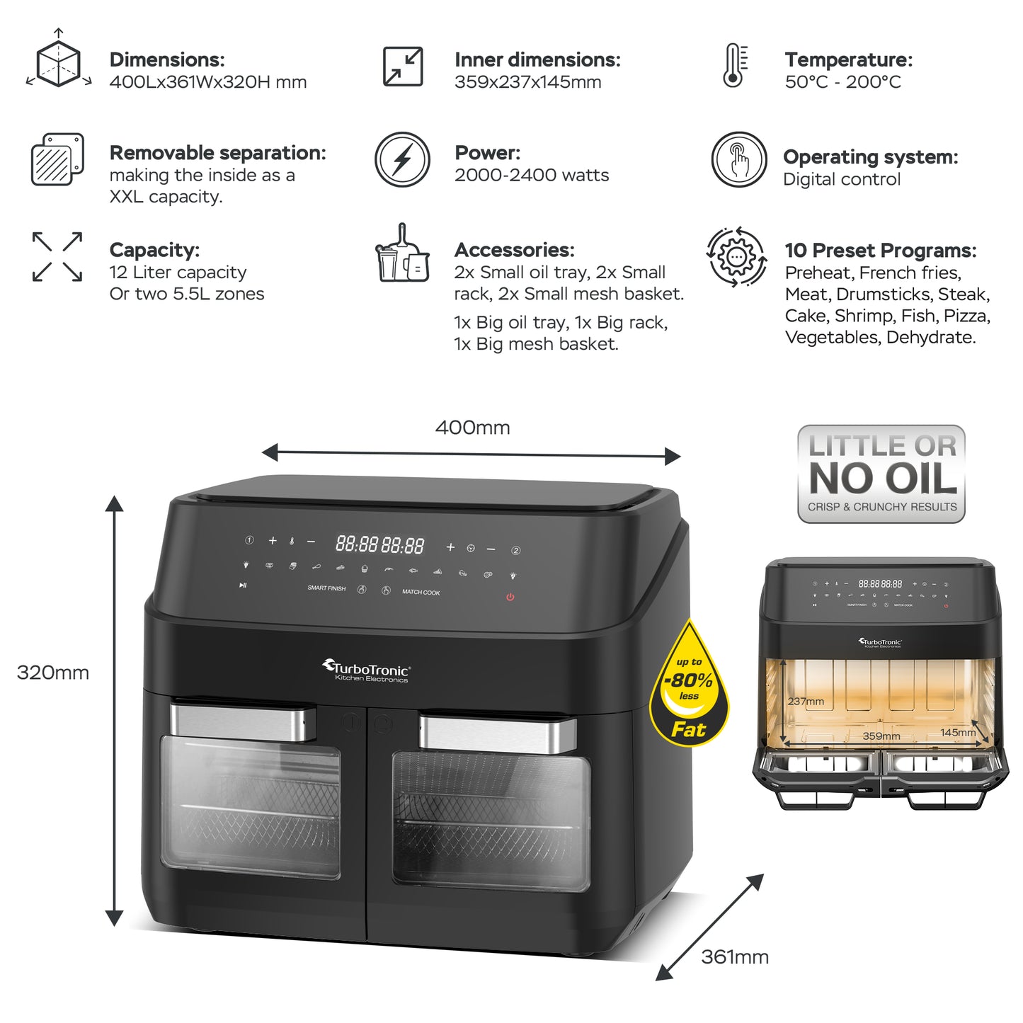 TurboTronic DAF7W Double Airfryer XXL - 3-in-1 Varmluftsfrityr  - 12 Liter - Svart