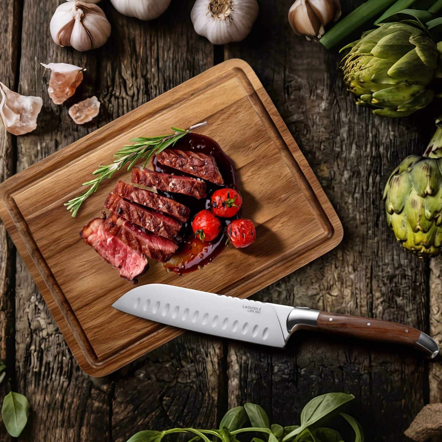 Santoku Kniv med Skärbräda i Akacieträ - Laguiole Vita Vinci - Prestigio