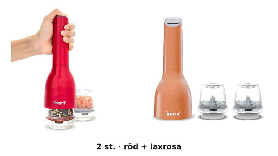 Finamill batteridriven kryddkvarn, röd + laxrosa – 2-pack