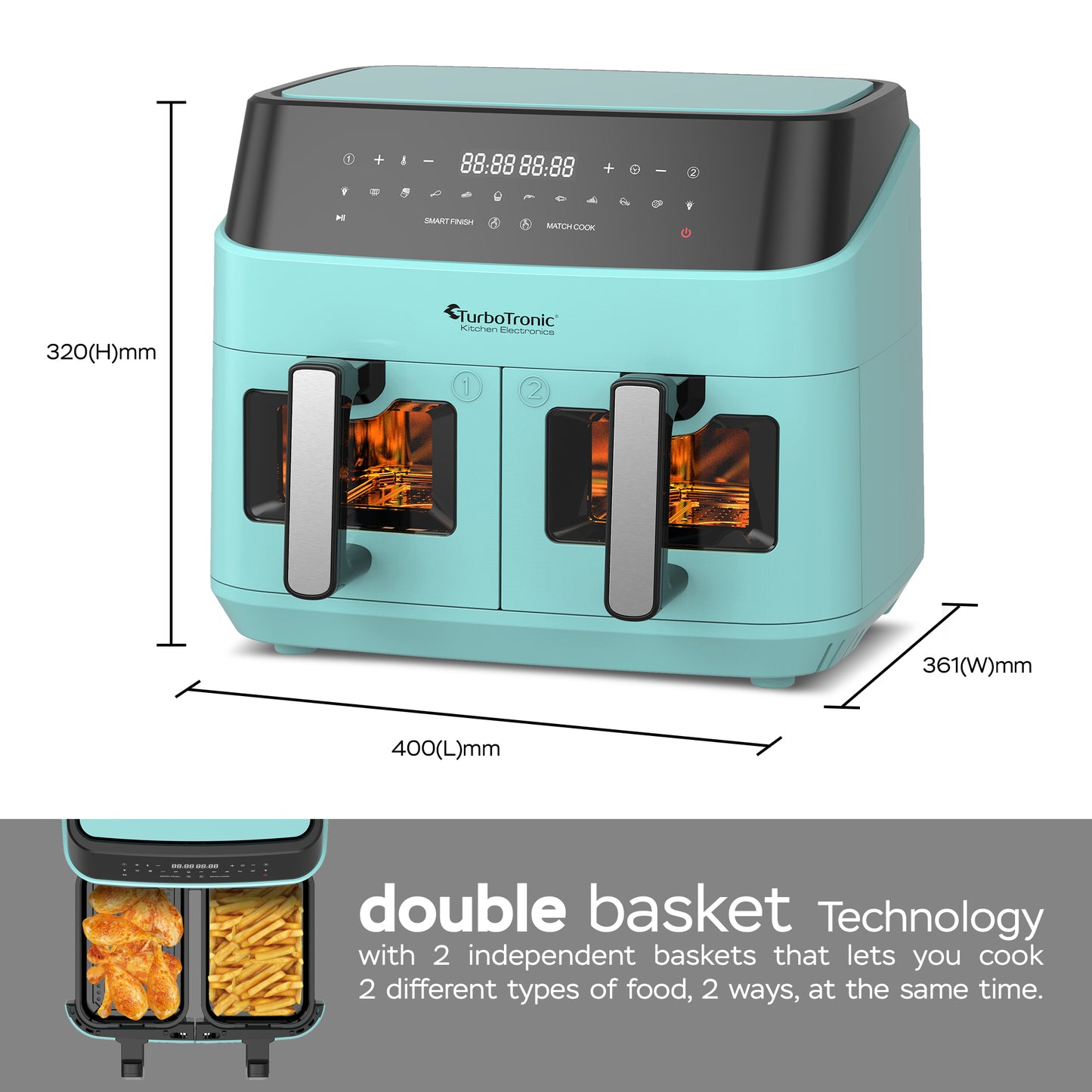 TurboTronic DAF6W Double Airfryer XXL med fönster - 9 Liters - Turkos