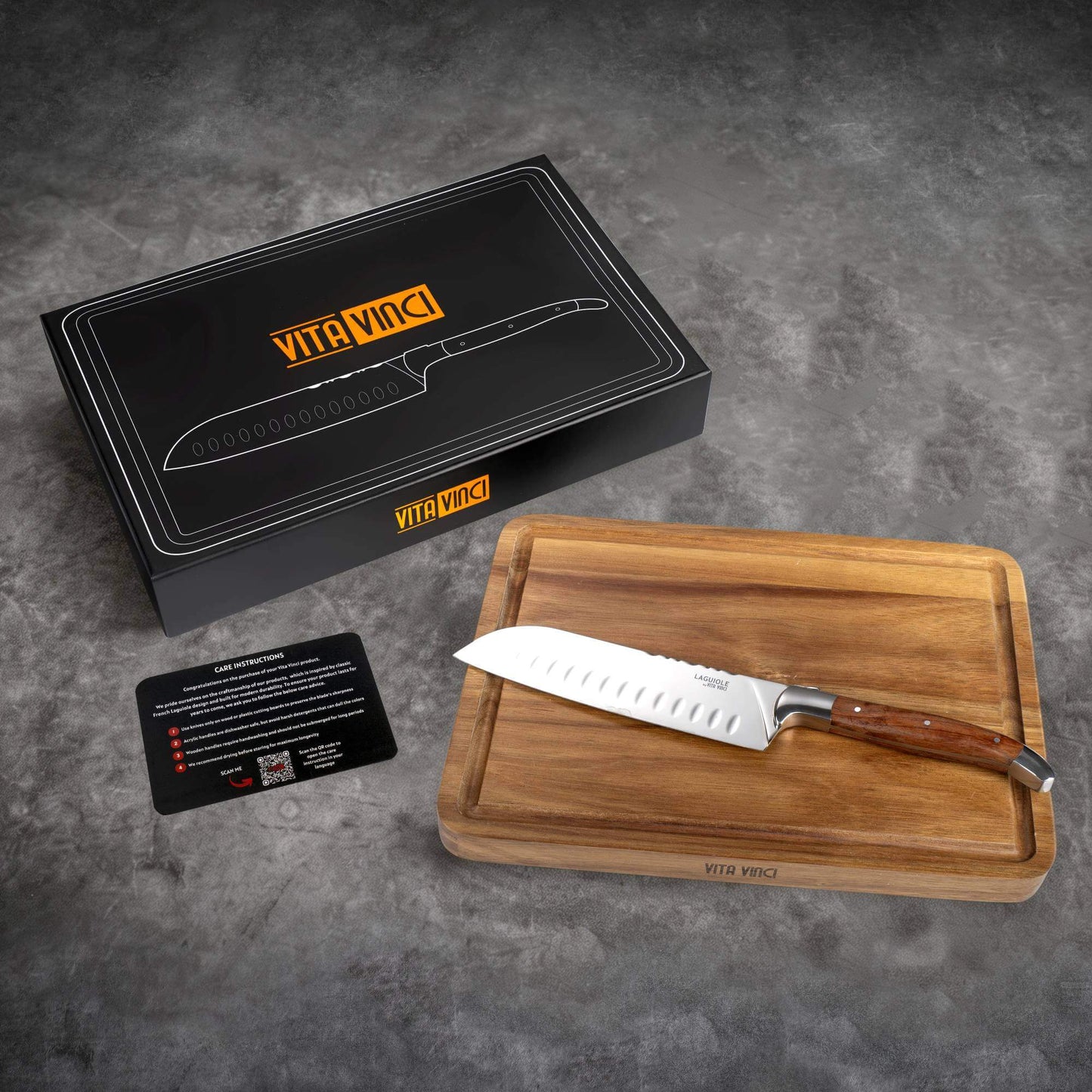 Santoku Kniv med Skärbräda i Akacieträ - Laguiole Vita Vinci - Prestigio
