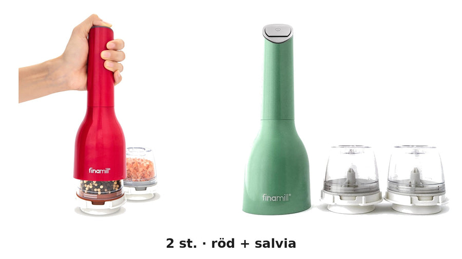 Finamill batteridriven kryddkvarn, röd + salvia – 2-pack