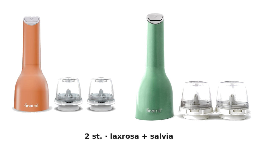 Finamill batteridriven kryddkvarn, laxrosa + salvia – 2-pack